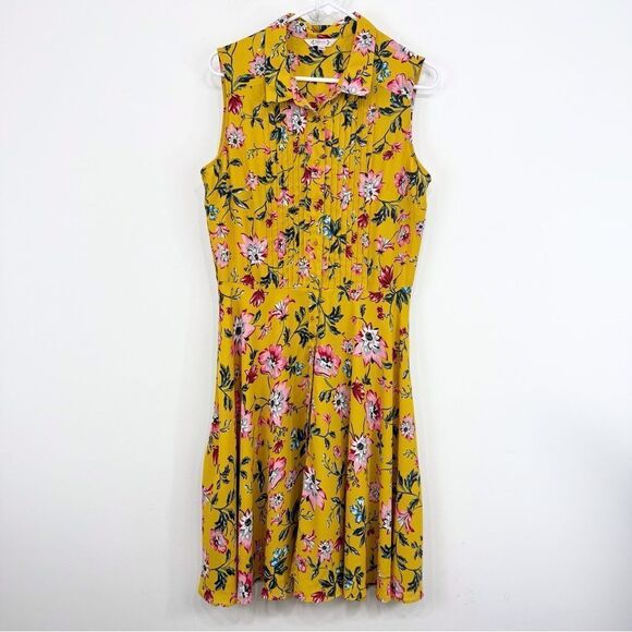 Nanette Lepore Yellow Pink Floral Pleat Chest A Line Sleeveless Shirt Dress - Picture 2 of 16